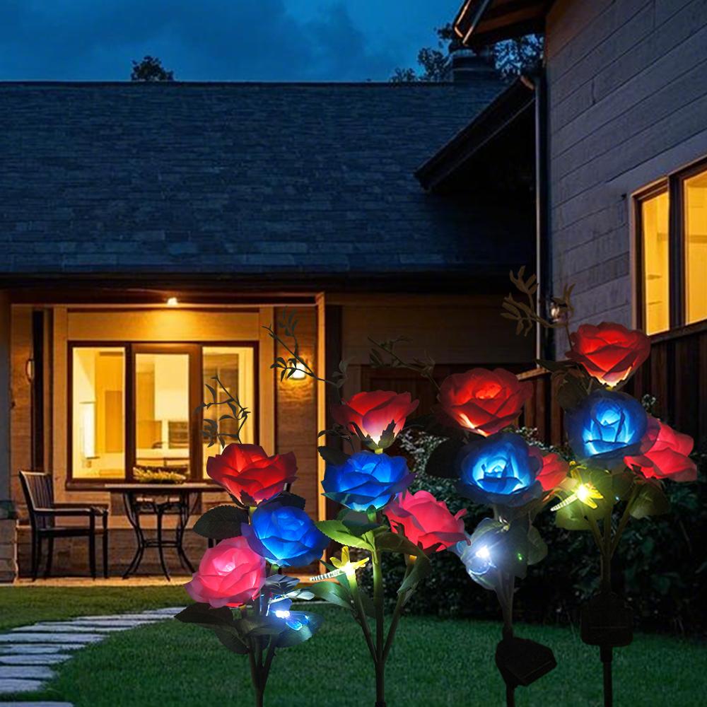 LED Solar Light Waterproof Rose Flowers Lamp Outdoor Decorative for Garden Yard Lawn Path Lighting Holiday Wedding Decor