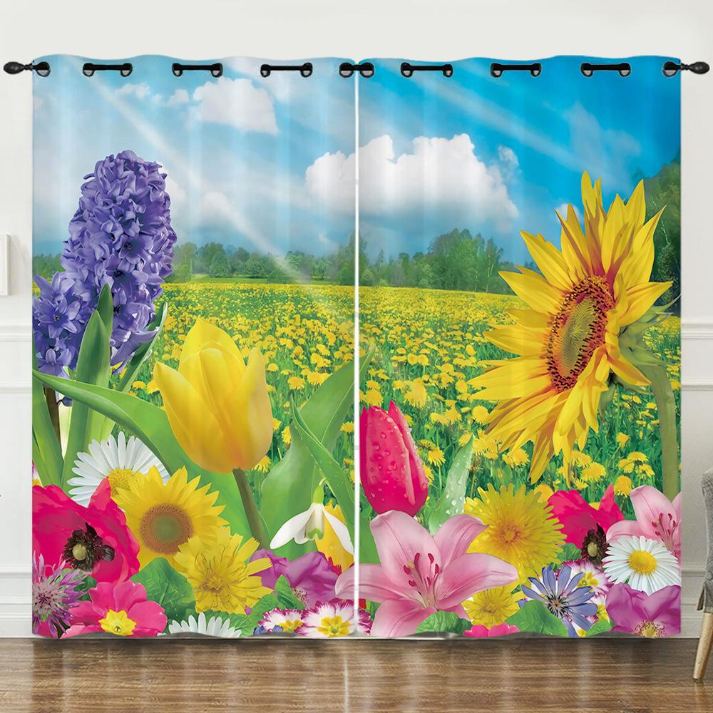 Curtains Flower Fresh Sunflower 3D Digital Printing Blackout Curtain Punching