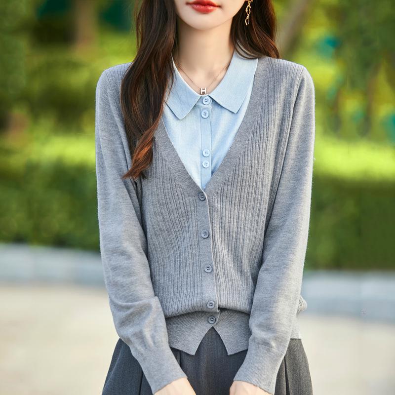 

Women s Autumn Two-Piece Knit Sweater Set: Polo Collar Long Sleeve Top & French-Style Cardigan Extra Large