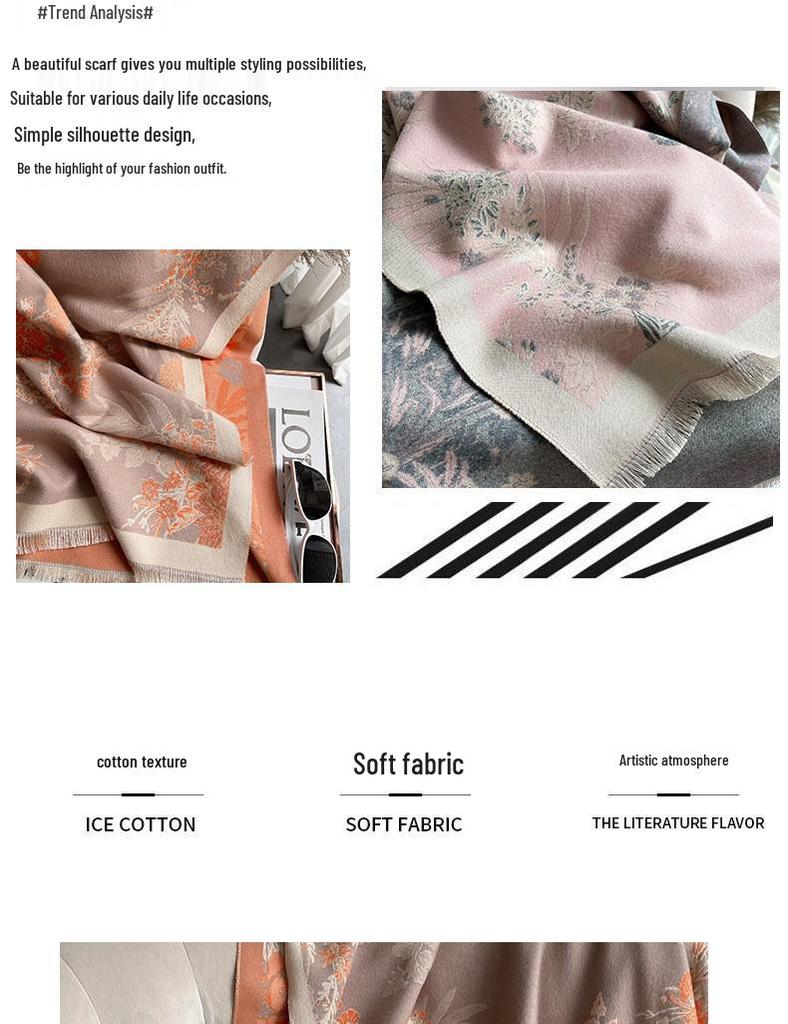 Elegant Faux Cashmere Floral Shawl - Thick Warm Winter Tassel Scarf