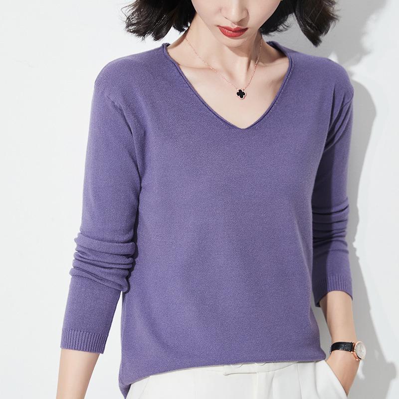Autumn/Winter Women's Wool Sweater: Round & V-Neck, Rolled Edge, Long Sleeve, Thin Knit Top