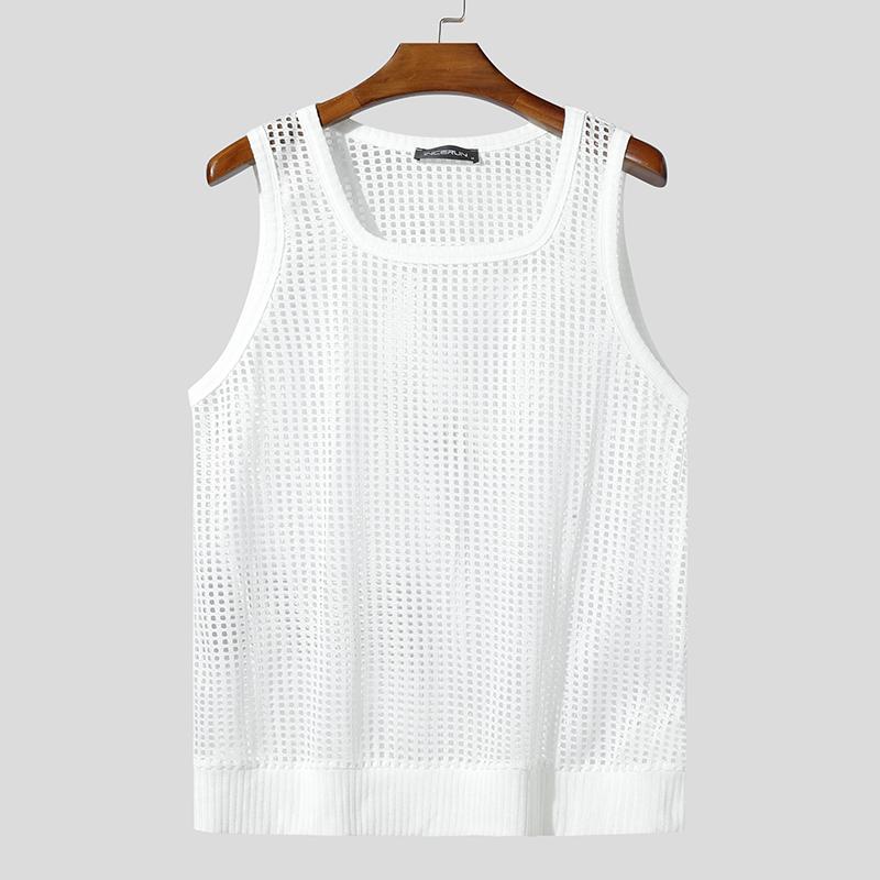 INCERUN Men Square Collar Sleeveless Hollow Out Casual Beach Tank Tops
