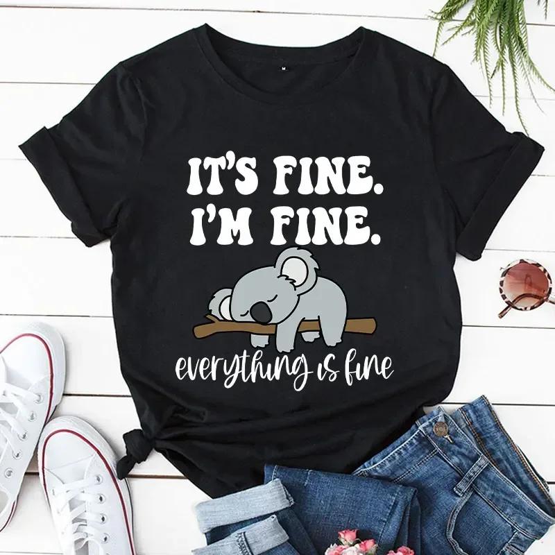 Shirt It's Fine I'm Fine Everything Is Fine Cartoon Womens Clothing Women's Fashion T-shirt Koala Print Tops Casual Short-sleeve