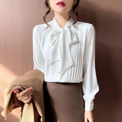Printemps Nouveau Chemisier Blanc Coupe Ample Haut Nœud Français Manches Longues pour Femme