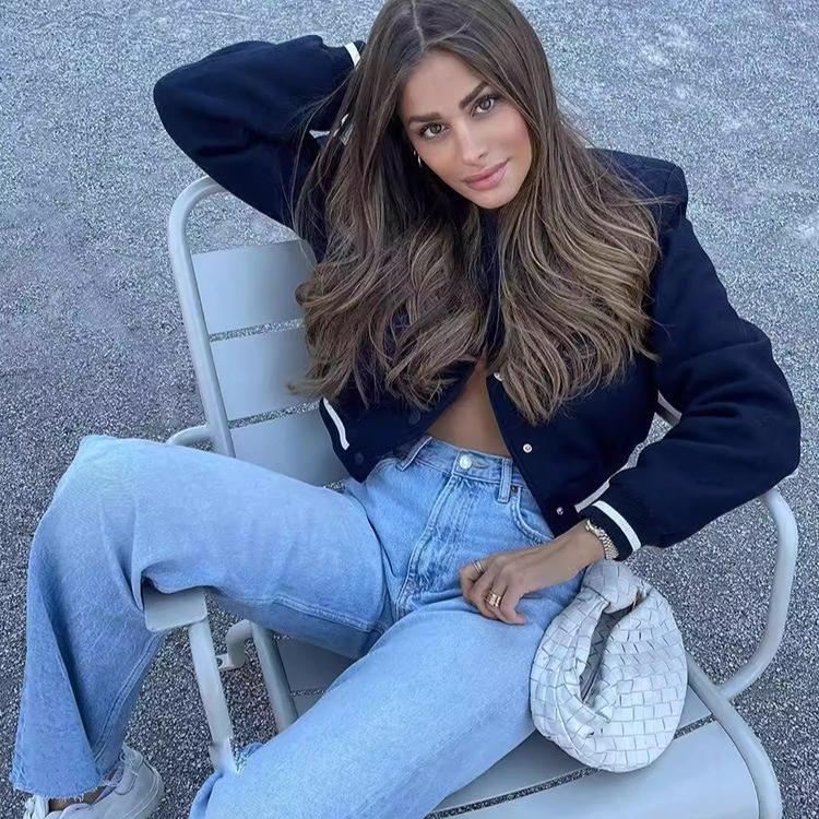Women Fashion with Pockets Bomber Jacket Coats Vintage Long Sleeve Front Button Casual Female Outerwear Chic Tops