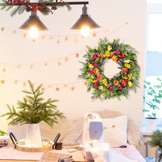 18" Tulip Wreath for Front Door Spring Summer Artificial Floral Garland with Eucalyptus Flowers for Indoor Outdoor Porch Window Wall Decor