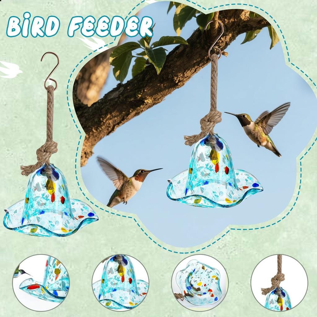 Outdoor Hanging Blown Glass Bird Feeder Bird Feeder Women's Gift Garden Backyard Decoration Unique Gift For Mom Blue Speckled