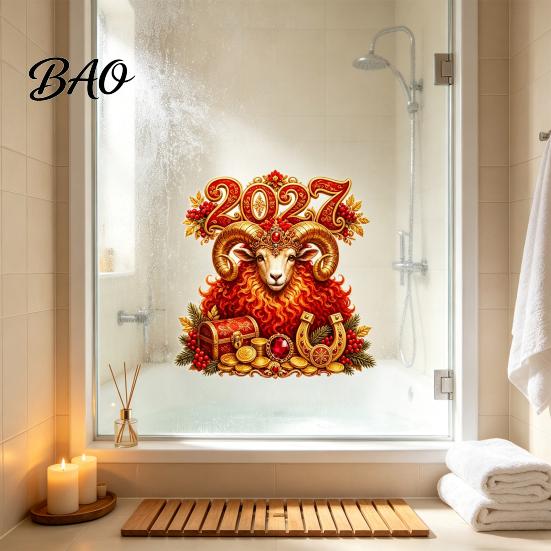 Removable Static Cling Decorations 2027 New Year Window Cling, Red And Gold Zodiac Sheep Decals Reusable PVC Glass Films for Doors, Non-adhesive