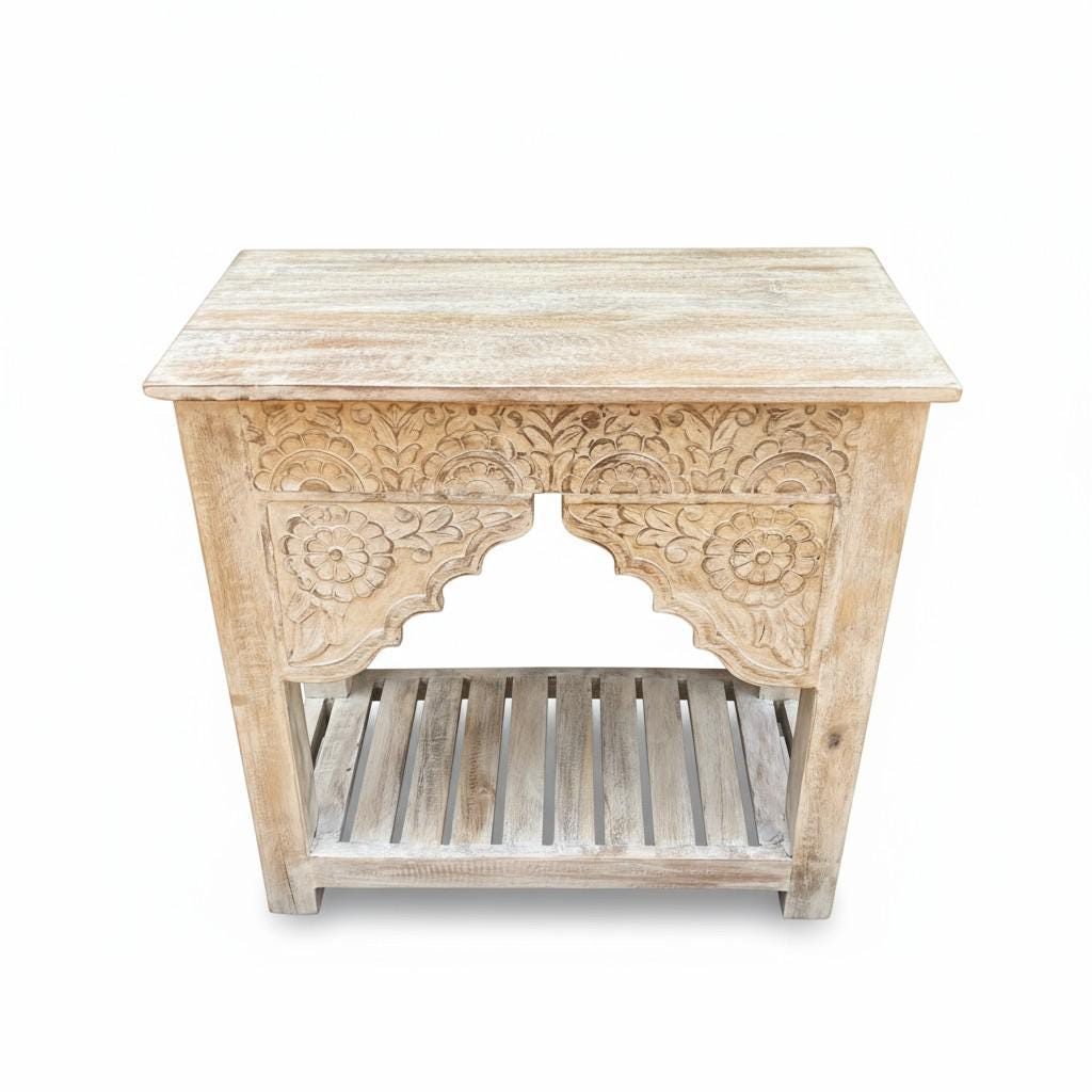 Hand-Carved Wooden Console Side Table Nightstand with Floral Bedside Table with Shelf | Solid Mango Wood Accent Table Traditional Table