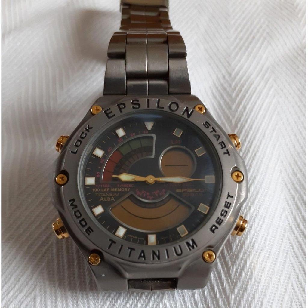 Used SEIKO ALBA EPSILON V084-8000 Box Included Genuine Belt Epsilon Titanium