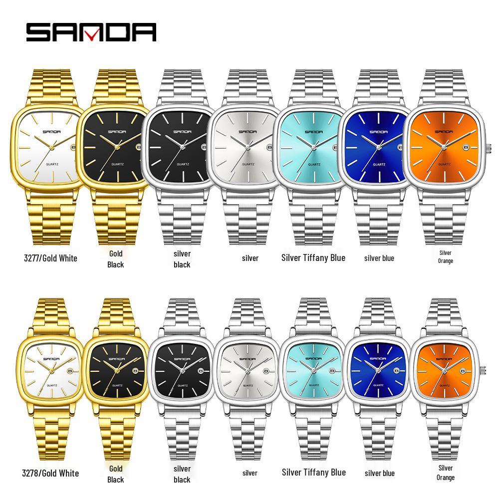 Retro Light Luxury Gold Square Watch with Large Dial and Calendar - High-Value Steel Band for Couples