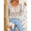 Women's New Spring and Summer Daily Comfortable and Loose Versatile Contrast Striped V-neck Knitted Hollow Sweater for Women
