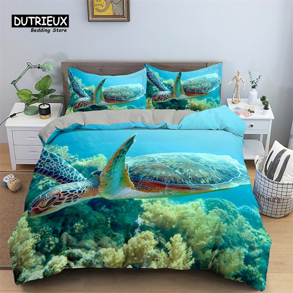 Cartoon Fish Dolphin Turtle Ocean Toddler Bedding Set For Kids Marine Themed Duvet Cover Microfiber Sea Creatures Quilt Cover