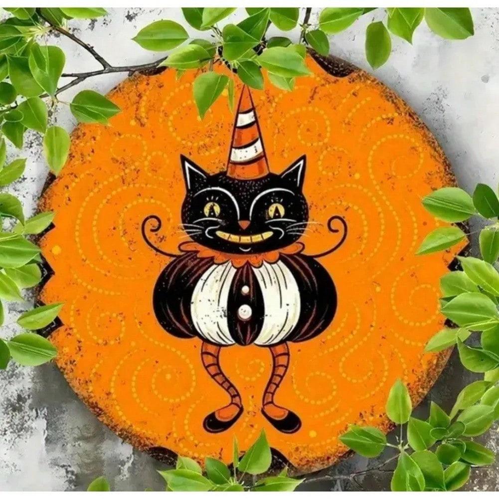 

Vintage Halloween Tin Sign 8x8 Wall Art Black Cat Witch Hat Pumpkin Decor 20x20