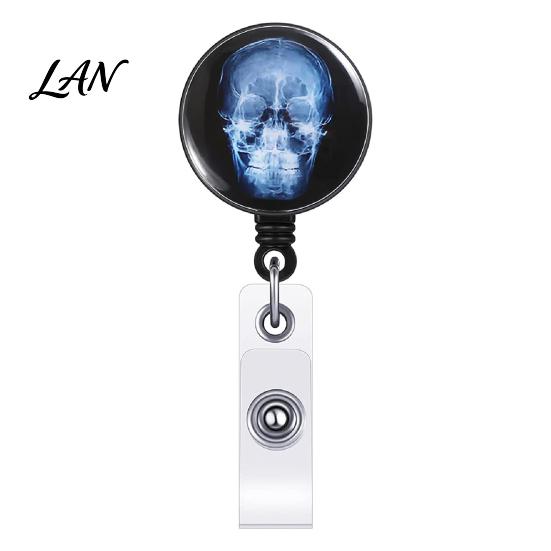 ID Card Holder Radiology Badge Reel, Retractable Skeleton with Clip, Chest Medical Student Skull Bones Patterns Name for Nurse Doctor Cards Clip