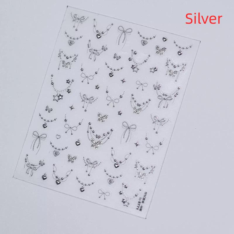 1 Sheet Silver Gold Stamping Nail Art Stickers Bowknot Butterfly Necklace Pattern Easy Apply Decals for Home Salon Manicure