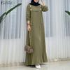 ZANZEA Women Muslim Casual Round Neck Loose Long Sleeve Pleated Long Dress