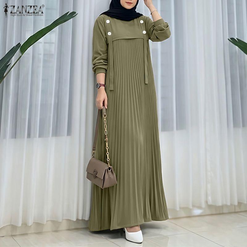 ZANZEA Women Muslim Casual Round Neck Loose Long Sleeve Pleated Long Dress