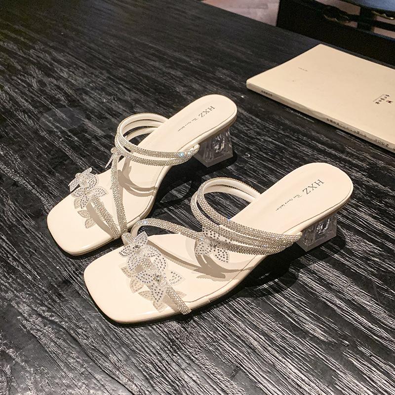 

Butterfly rhinestone thick heel sandals women s summer new square head transparent middle heel two wear cool slippers 40 бежевий