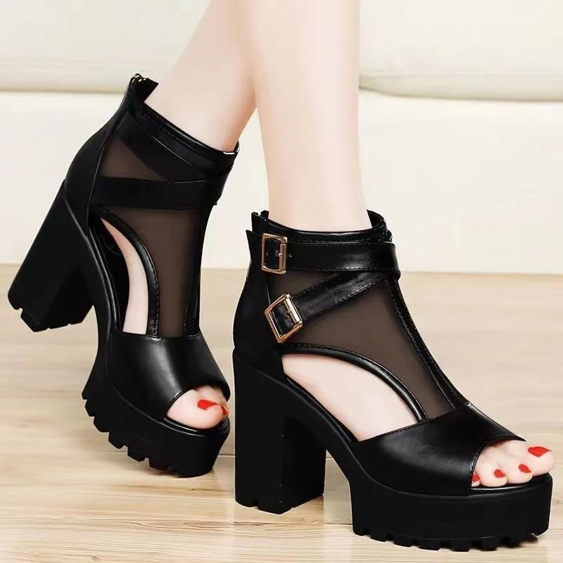 Summer New Women's Shoes Fashion Fish Mouth Mesh Breathable Thick Sole High Heel Sandals Shoes for Women Sandalias De Mujer
