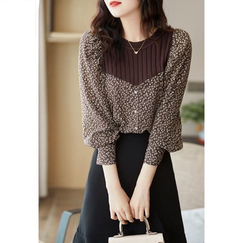 Floral Shirt for Women's Fashionable and Unique Design Knitted Spliced top Long Sleeve Round Collar