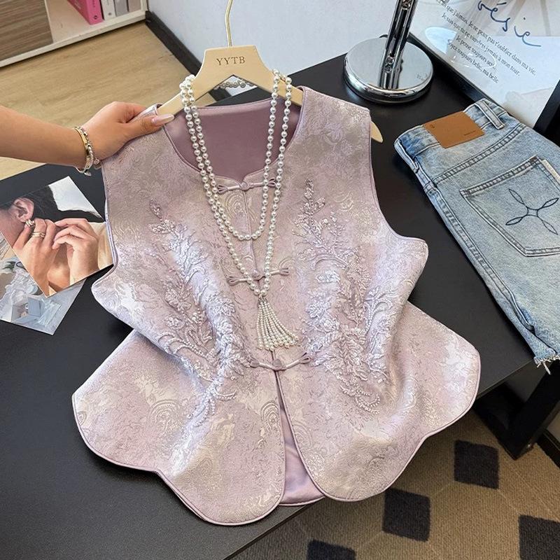

Early Spring Chinese Jacquard Beaded Vest with Frog Button Cape Top 4XL фіолетовий
