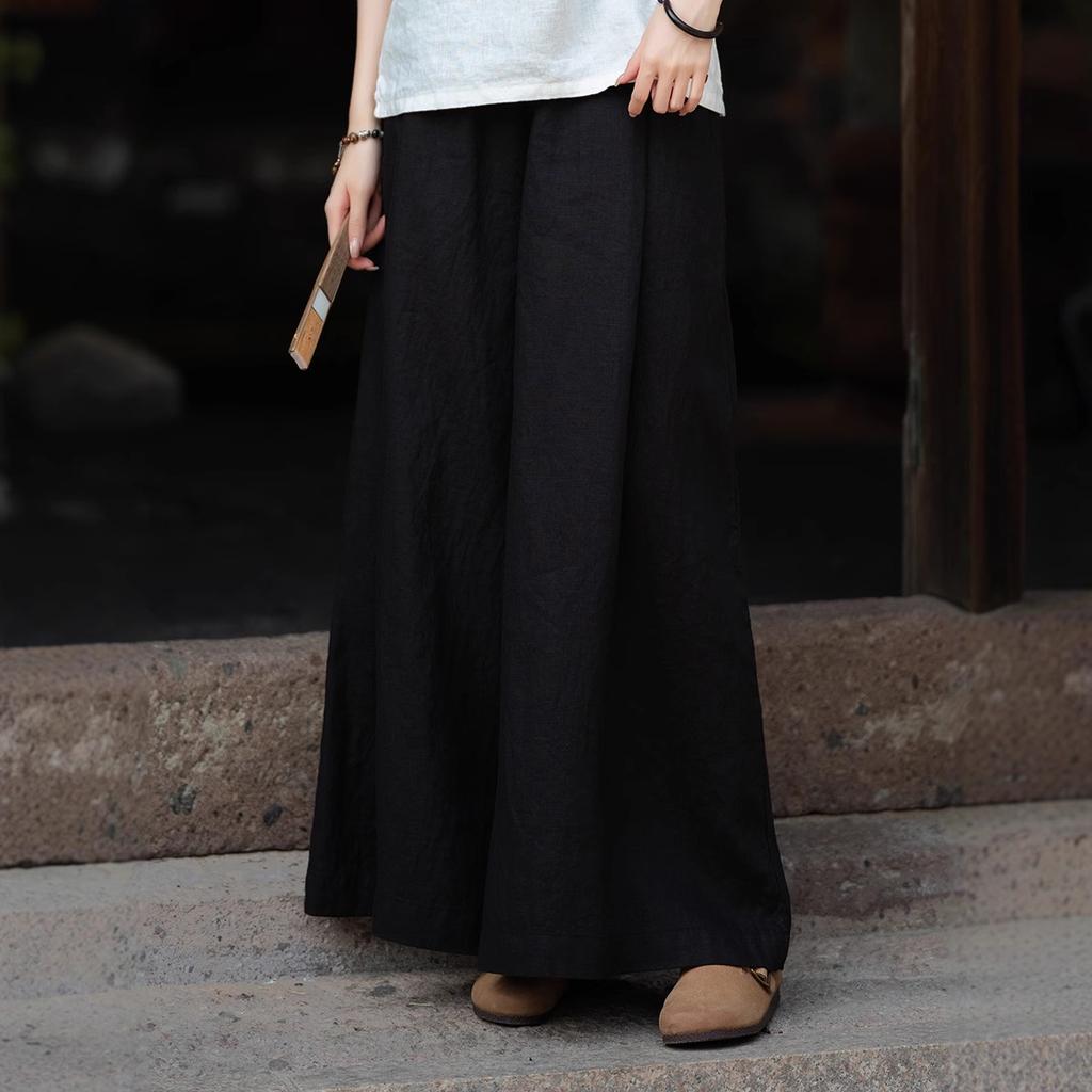 Ladies Summer Literary Retro Cotton and Linen Wide-leg Trousers Skirt Pants