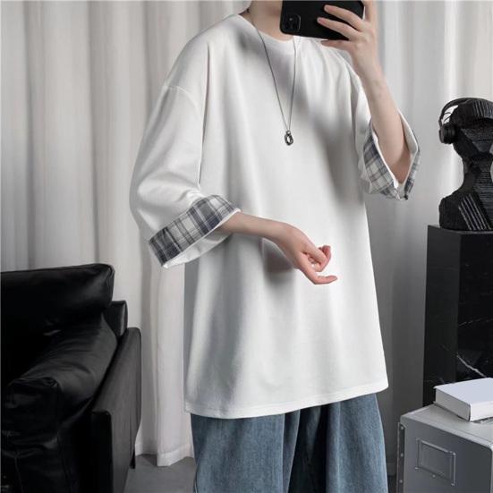 Men T-shirt Plaid Patchwork O-Neck 3/4 Sleeve Solid Color Streetwear Spring Summer Loose Tee Top Men Clothes