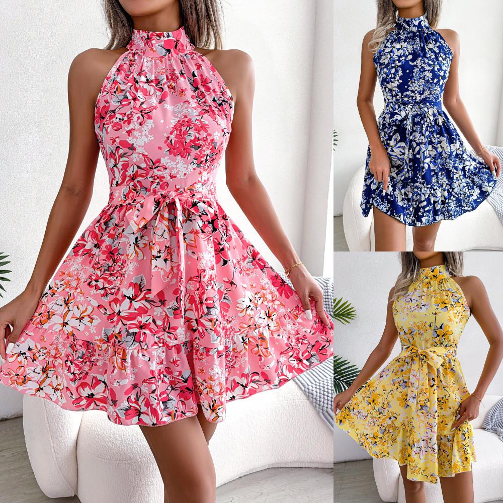 Frühlings-Sommer-Blumen-Chiffon-A-Linien-Kleid mit Rüschensaum für Freizeit-Damen
