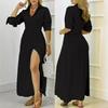 Autumn Ladies Elegant Solid Color Long Sleeve Shirt Button Dress Women