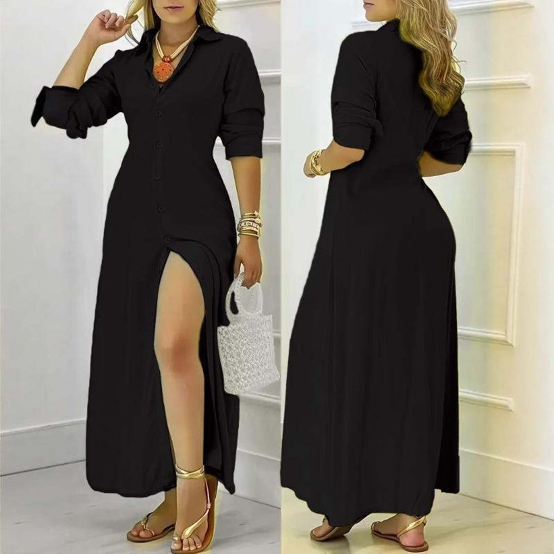 Autumn Ladies Elegant Solid Color Long Sleeve Shirt Button Dress Women