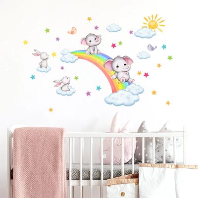 Adesivi Murali Elefante Arcobaleno e Nuvole per Cameretta dei Bambini e Decorazione Murale di Sfondo - Wall Art Autoadesiva