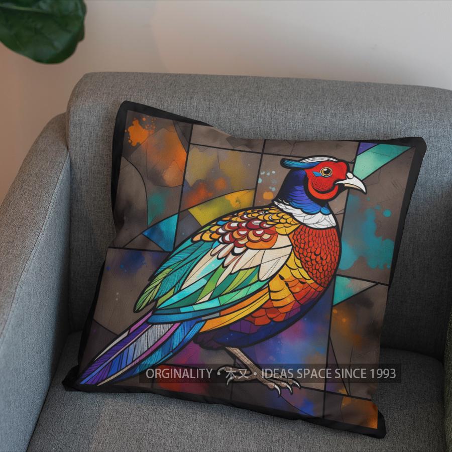 2D Colorful Stained Glass Pheasant Pattern Pillow Cover Pattern Cushion Cover Suitable For Sofa Bedroom Car Pillow Cover