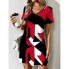 Fashionable Women's Summer Dress Colorful Geometric Plaid Print V-Neck Short Sleeve Casual Dress