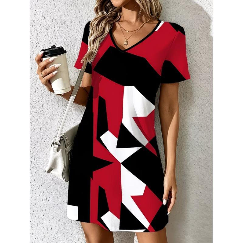 Fashionable Women's Summer Dress Colorful Geometric Plaid Print V-Neck Short Sleeve Casual Dress