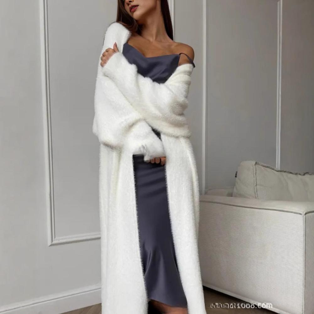 Faux Nerz Weiß Gestrickter Cardigan Mantel Damen Herbst Winter Locker Flauschig Lang Übergröße Flauschiger Plüsch Pullover Jacke