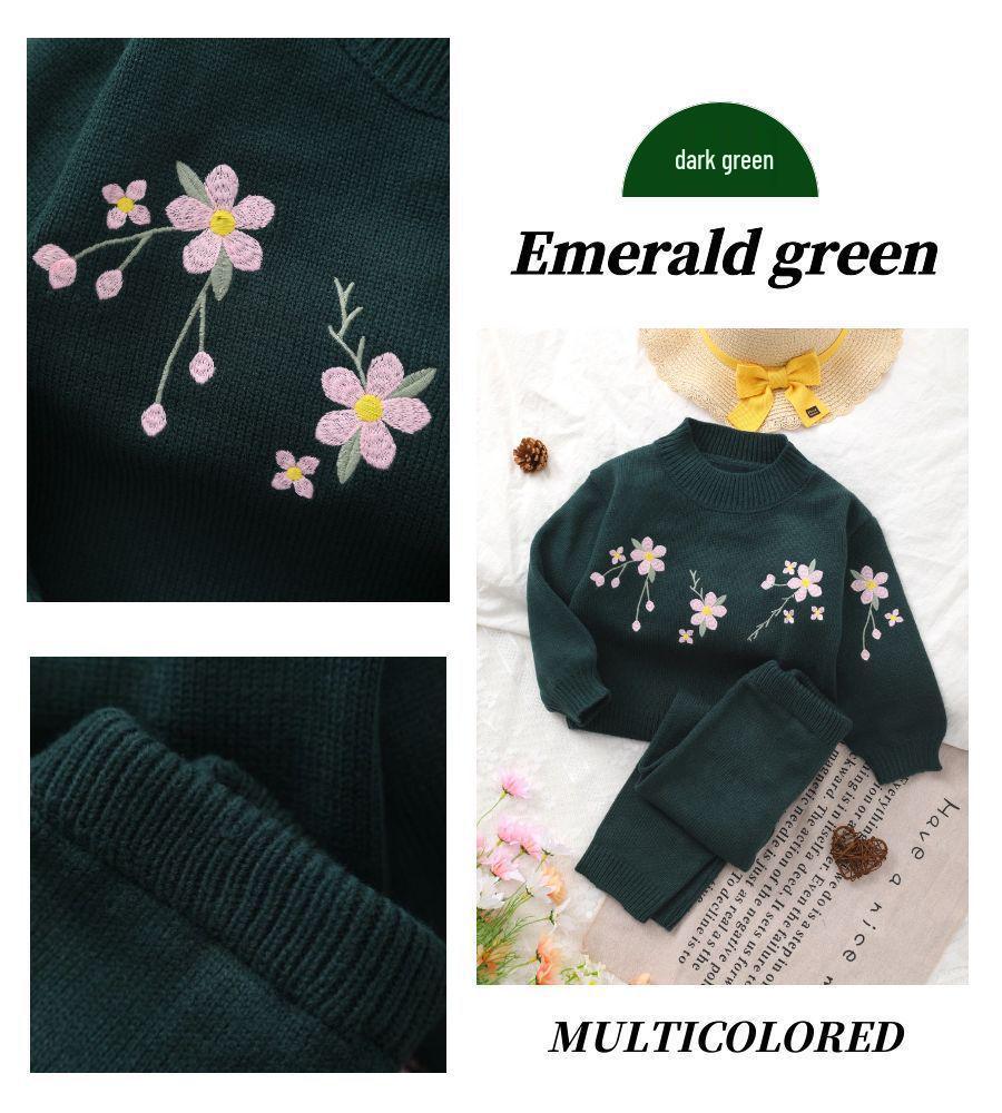 2023 Fall/Winter Floral Pattern Knit Sweater Set for Girls