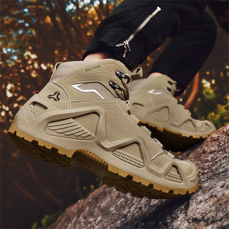 Outdoor Men's Hiking Boots Leather Men's Ankle Boots Winter Shoes Non-slip High Top Male Work Shoes Breathable Walking Sneakers
