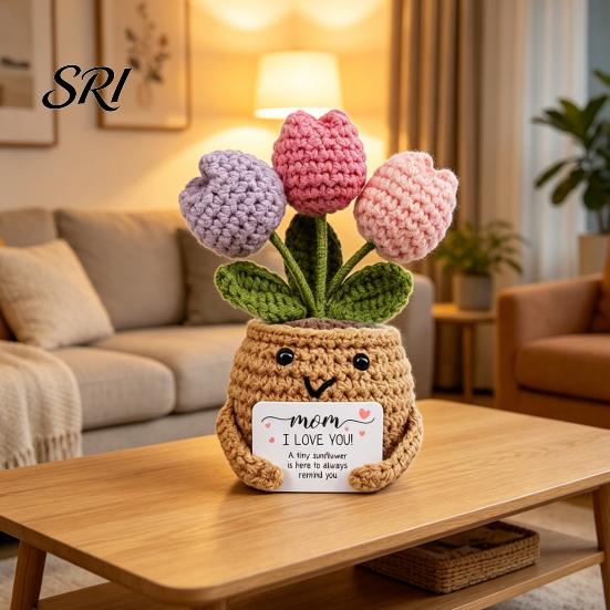 Healing Flower Design Positive Crochet Tulip Wildflower Thank You Gifts for Women Mom Friends Handmade Gift Potted Doll with Card Emotional