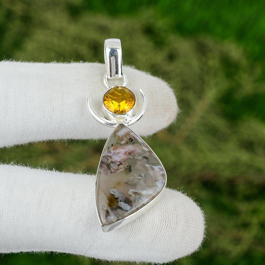 

Natural Stick Agate Citrine New Art Deco Pendant Jewelry 925 Sterling Silver