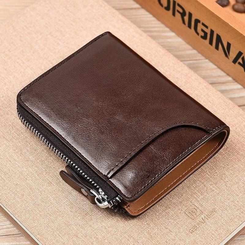 Men's Vintage Oil Wax Leather Zipper Wallet RFID Blocking Short Purse Multi Card Holder Business Casual Coin Pocket Credit Card Wallet for Men