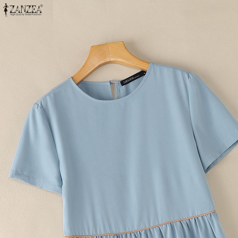 ZANZEA Women Casual Round Neck Loose Short Sleeve Patchwork Dress