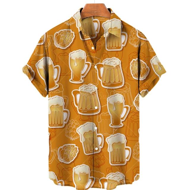 Camisetas Festival de Cerveza Harajuku para Hombre Estampado 3D Manga Corta Verano Estilo Hawaiano Playa Tops de Botón Único Solapa