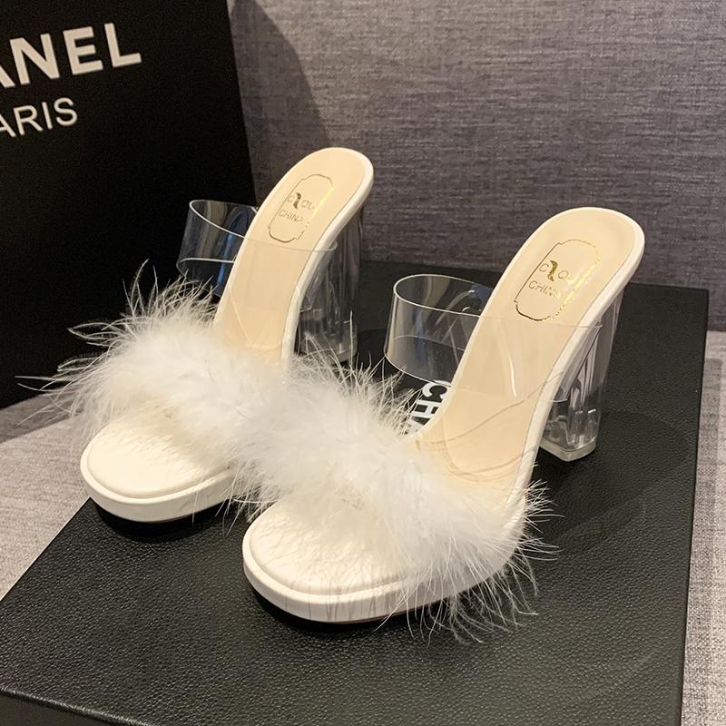 Slippers Women's Summer New Open Toe Plush Fox Fur Chunky with Flip Flops Sexy Home Banquet Square Toe Simple Pumps