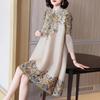 Women's Three Quarter Sleeve Midi Dress Stand Collar Loose Fit Chinese Style Floral Print Qipao Dress
