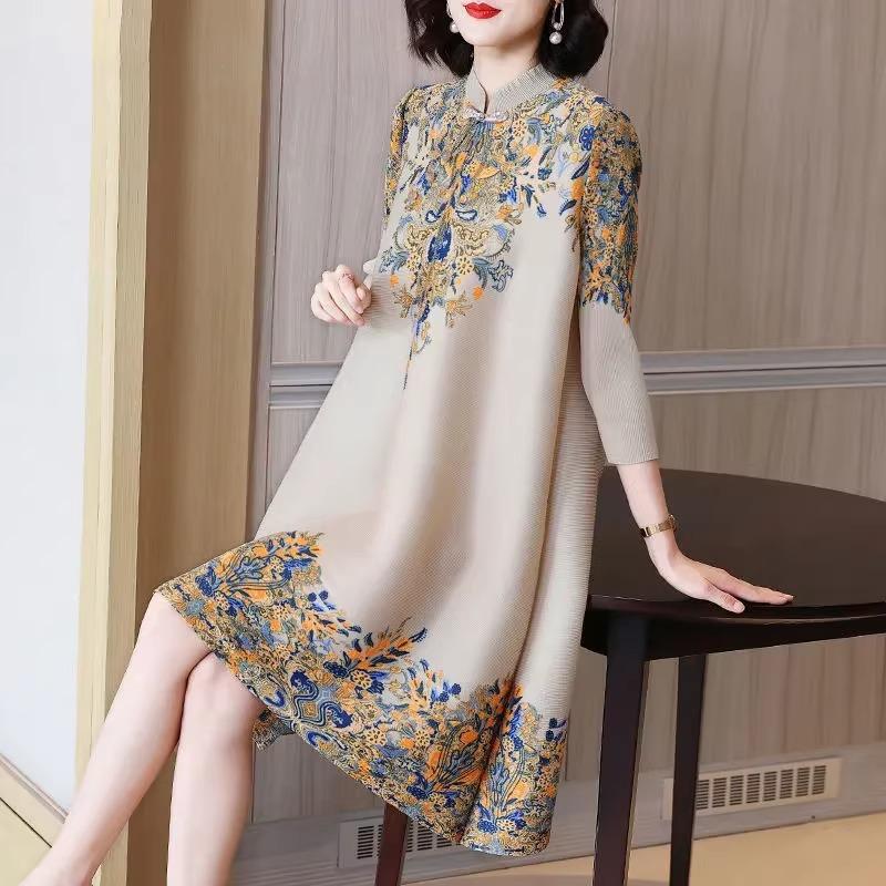 Women's Three Quarter Sleeve Midi Dress Stand Collar Loose Fit Chinese Style Floral Print Qipao Dress