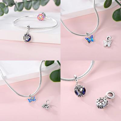 Original Copper Blue Iris Flower Pendant Butterfly Starry Sky Heart Beads Fit Bracelet Women Jewelry Diy Anniversary Gift