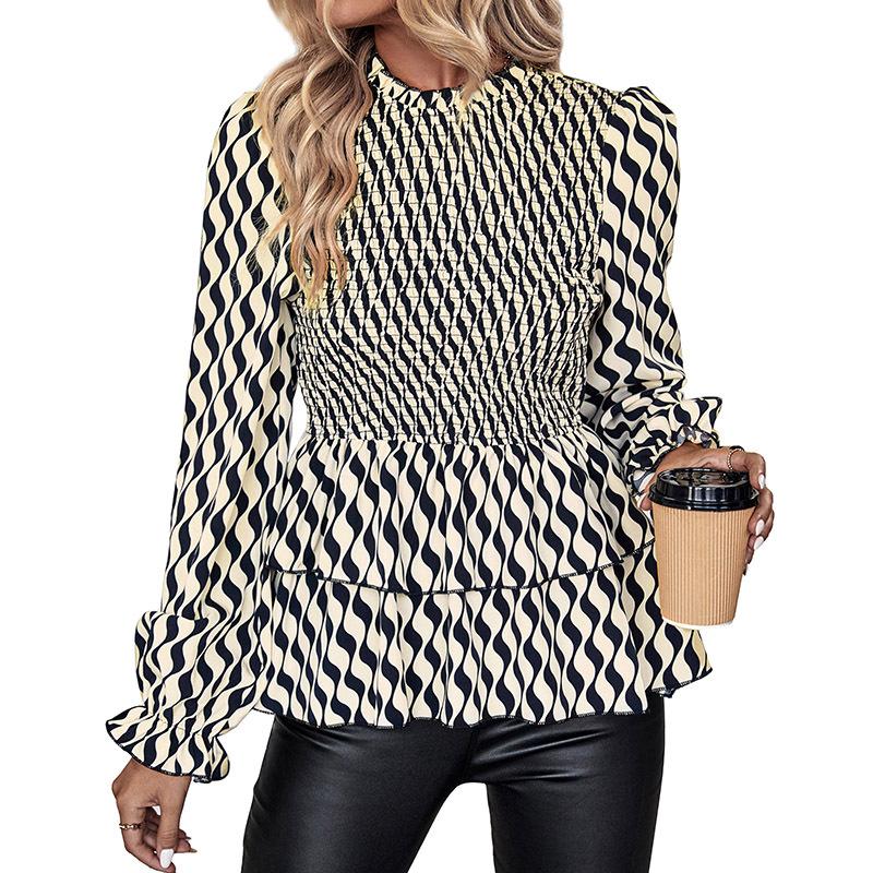 Fashionable and Casual Temperament Autumn Women's Long-sleeved Wave Print Wrap Shirt Women