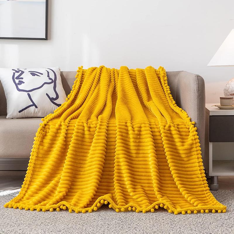 Fleece Throw Blanket Couch with Pom Pom Fringe Soft Cozy Fuzzy Flannel Blankets for Sofa Bed Large Lightweight Plush All Seasons