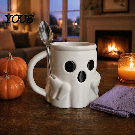 Halloween Party Geschirr Eisbecher mit Löffelhalter, 3D-gedruckter süßer Geisterbecher, Geformter Kaffeebecher Stiftehalter Dekoration, Weihnachten Geburtstag